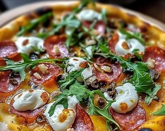 Delicious gourmet pizza topped with fresh ingredients and unique flavors.