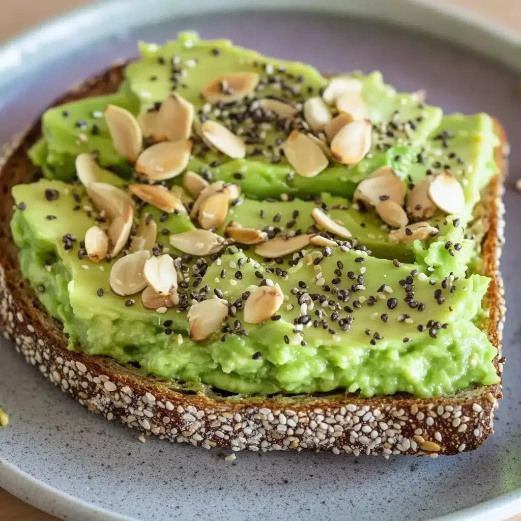 Vegan avocado toast topped with fresh herbs and spices on whole grain bread.
