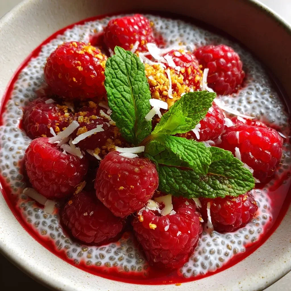 Vegan raspberry chia pudding served in a bowl garnished with fresh raspberries.