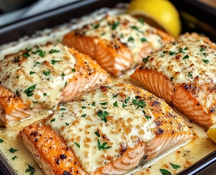 Baked Boursin Salmon topped with creamy cheese and herbs.