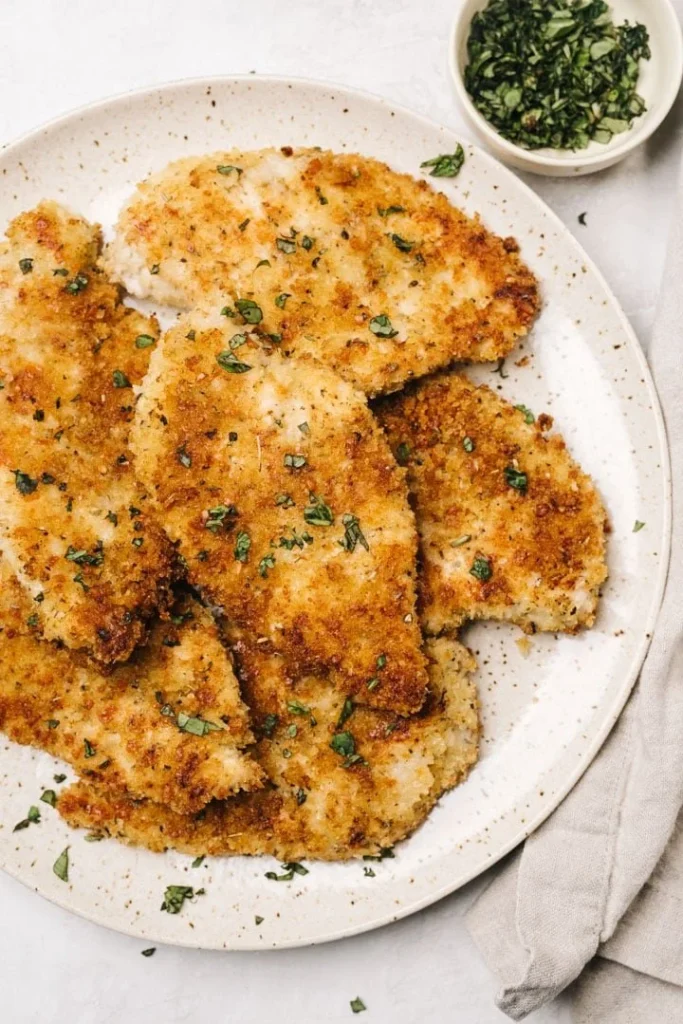 Baked Parmesan Crusted Chicken plated with herbs and lemon garnish.