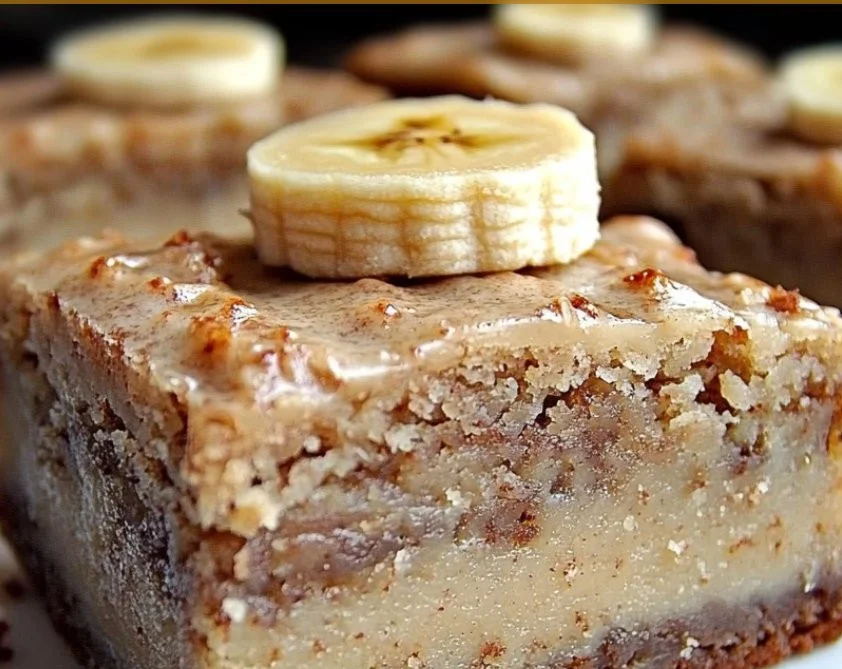 Delicious banana bread brownies served on a wooden platter