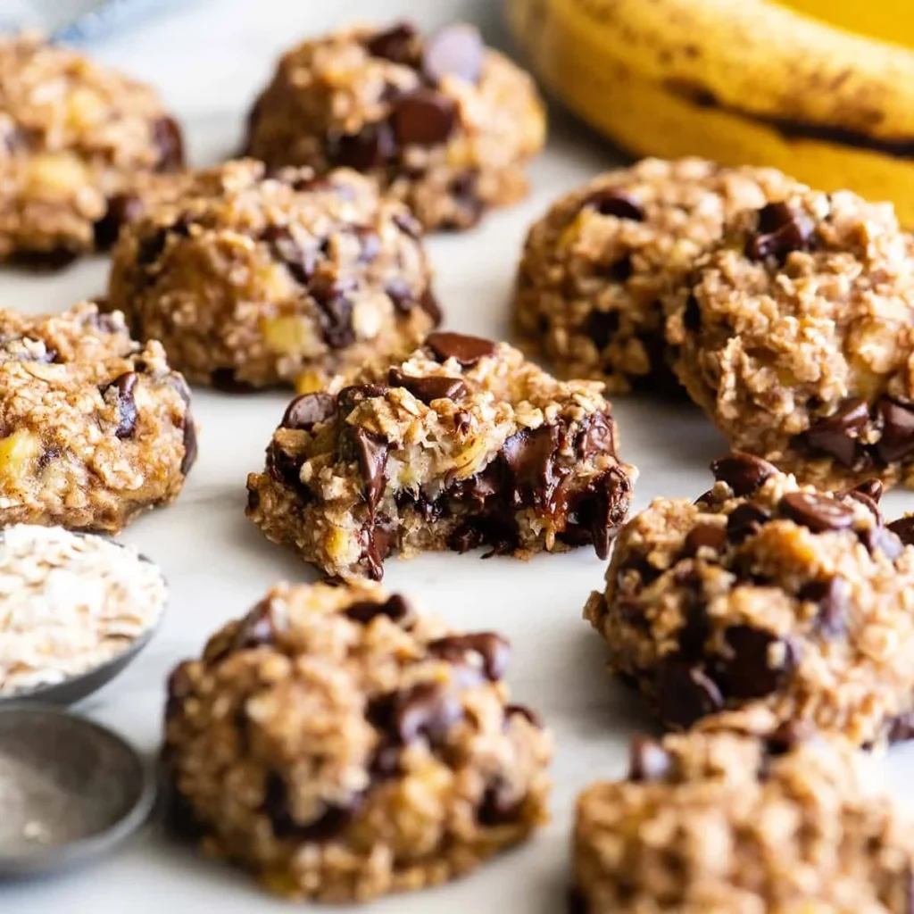 Delicious homemade banana oatmeal cookies on a wooden table