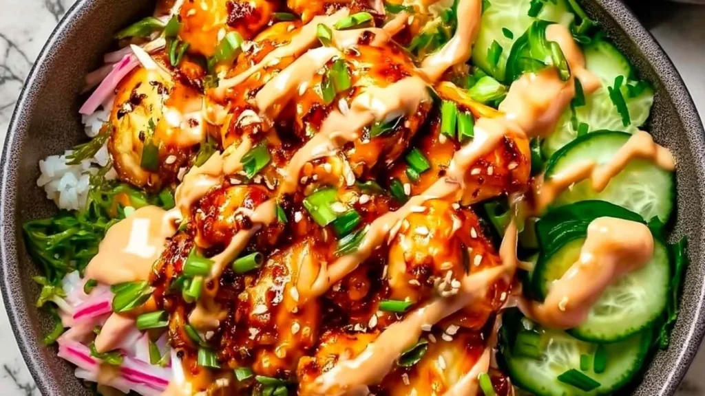 Delicious Bang Bang Chicken Bowl with crispy chicken and sauce