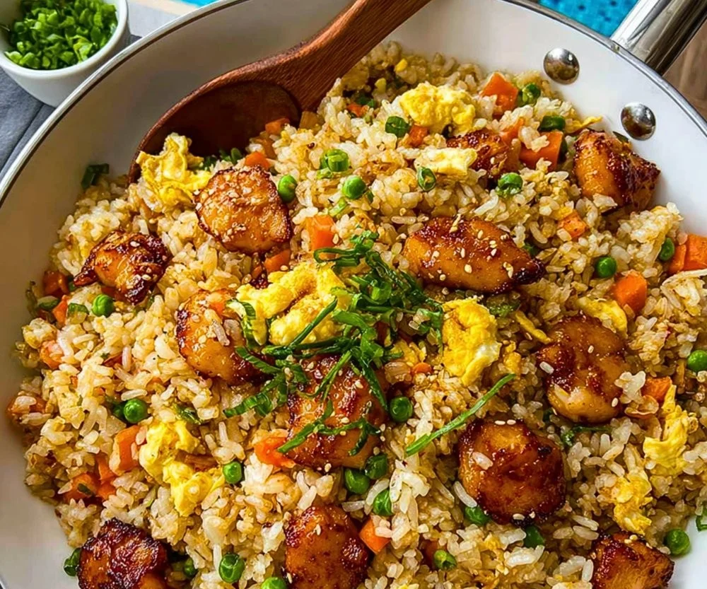 Plate of Bang Bang Fried Rice with vibrant vegetables and spices