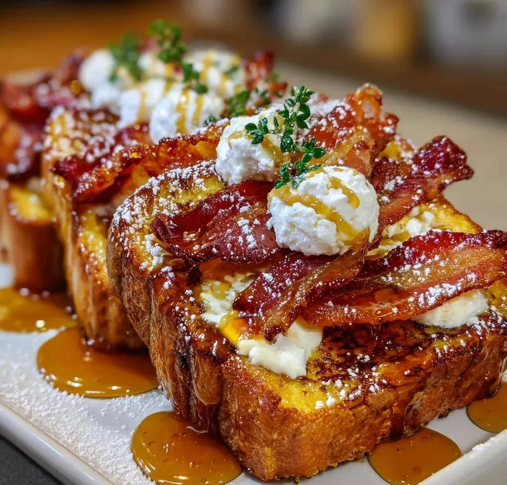Delicious French toast breakfast served with bacon and honey on a plate