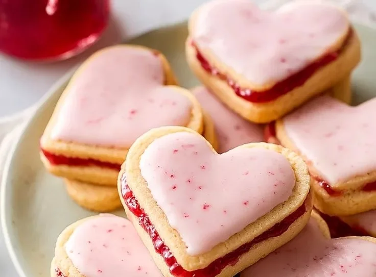 Heart-shaped strawberry shortbread cookies on a white plate