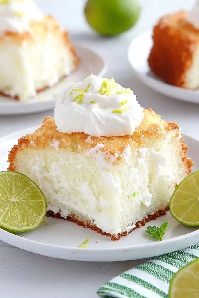 Slice of Key Lime Angel Food Cake with lime slices and whipped cream topping