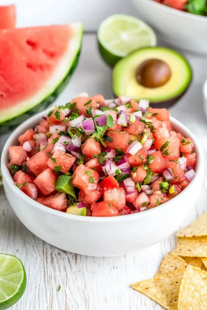 Bowl of vibrant watermelon salsa with fresh ingredients and vibrant colors