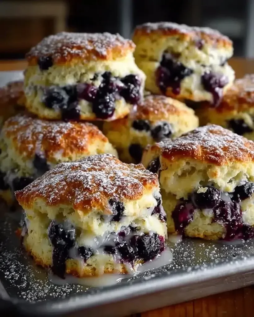 Freshly baked blueberry biscuits with golden crust and juicy blueberries.
