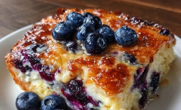 Delicious blueberry buttermilk pancake casserole baked until golden brown
