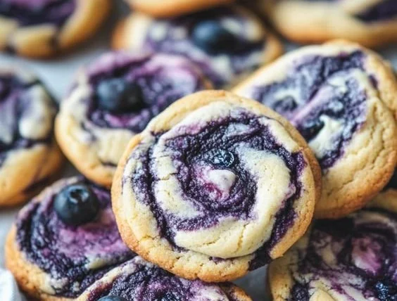 Blueberry cheesecake cookies with fresh blueberries and a creamy topping.