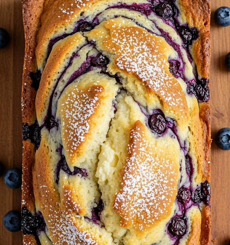Freshly baked Blueberry Cream Cheese Bread with blueberries and cream cheese