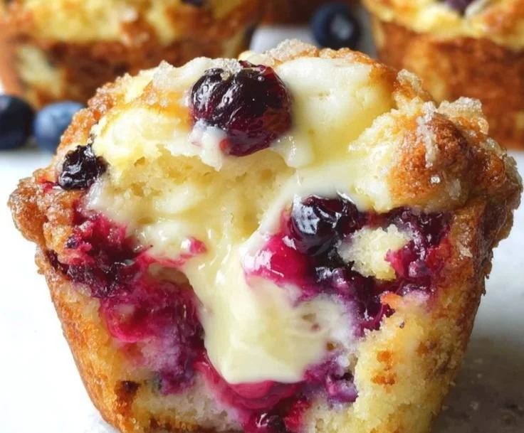 Freshly baked blueberry cream cheese muffins with blueberries on top.