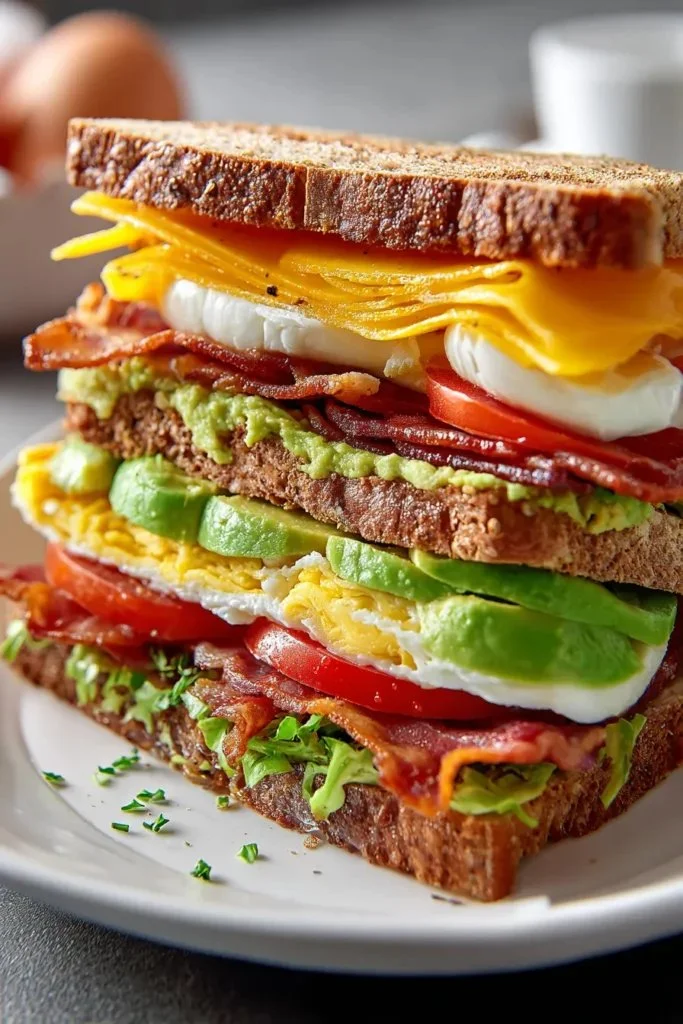Delicious Breakfast Club Sandwich with layers of eggs, bacon, and cheese