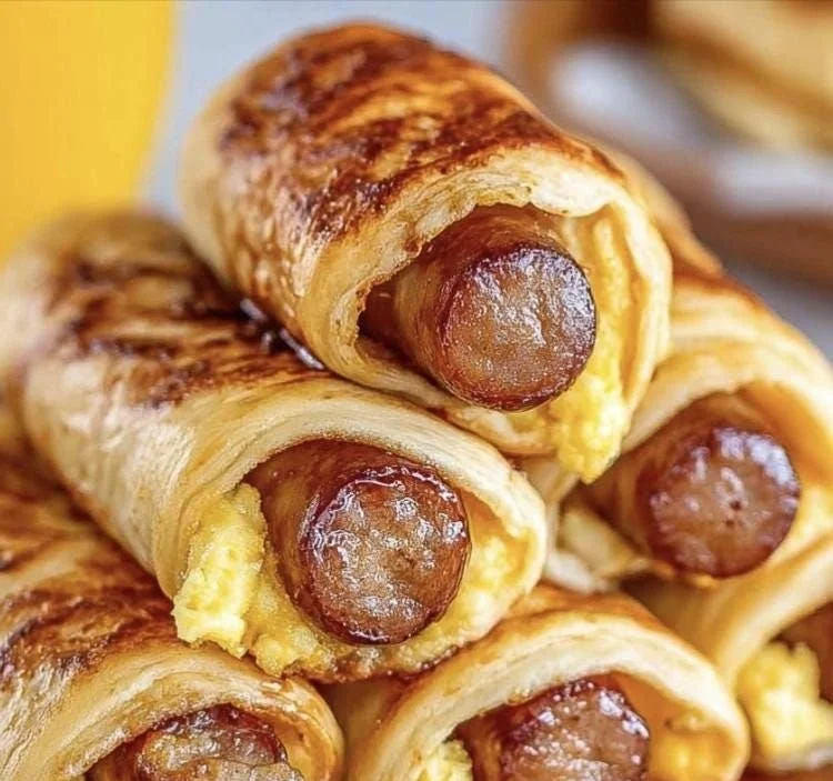 Breakfast Pigs in a Blanket served on a plate with dipping sauce