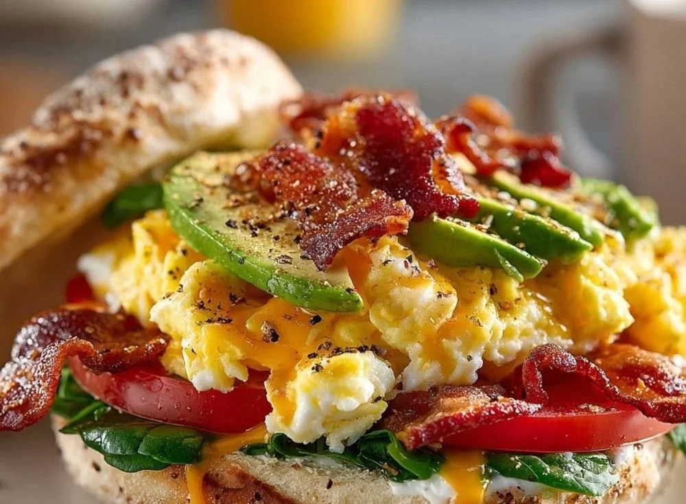 Delicious breakfast sandwich with egg, cheese, and fresh ingredients.
