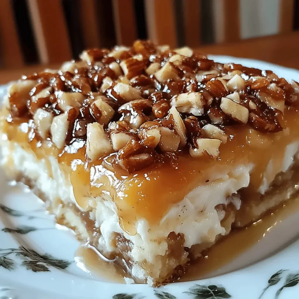 Delicious Butter Pecan Praline Poke Cake topped with pecans and caramel sauce