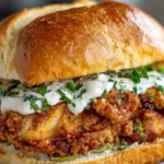 Cajun Crispy Chicken Sandwich topped with garlic aioli on a toasted bun