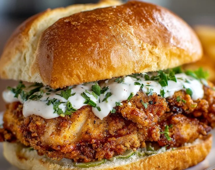 Cajun Crispy Chicken Sandwich topped with garlic aioli on a toasted bun