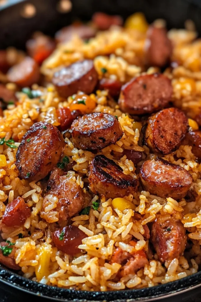 Cajun sausage and rice skillet dish served in a colorful bowl