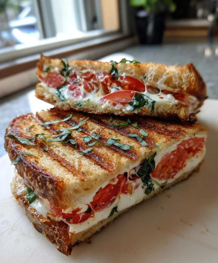 Delicious Caprese Panini with mozzarella, tomatoes, and basil on toasted bread