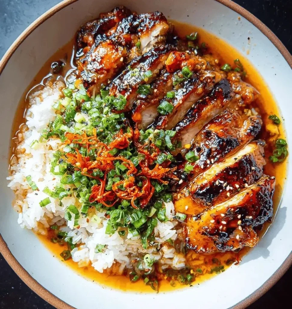 Caramelized soy chicken in garlic ginger broth served with rice