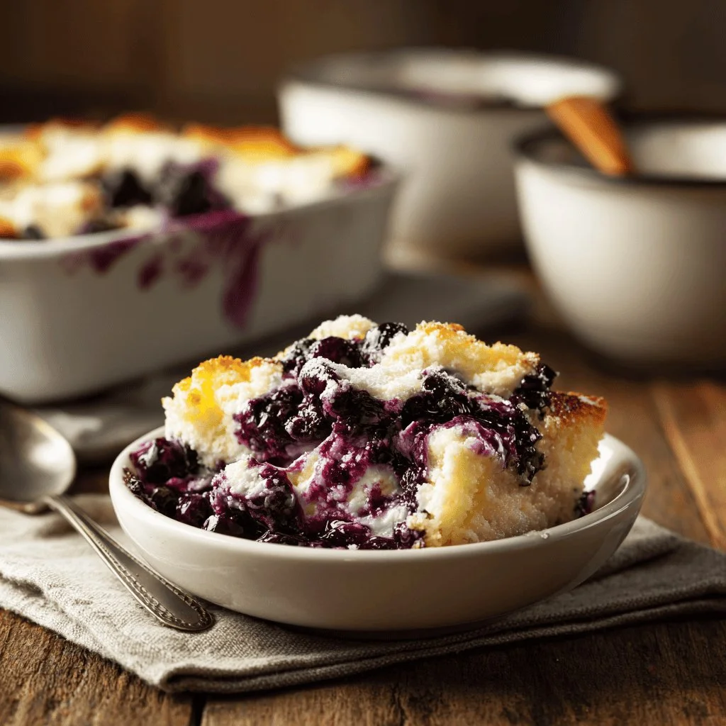 Delicious Cheesecake Blueberry Dump Cake topped with blueberries and cheesecake layer