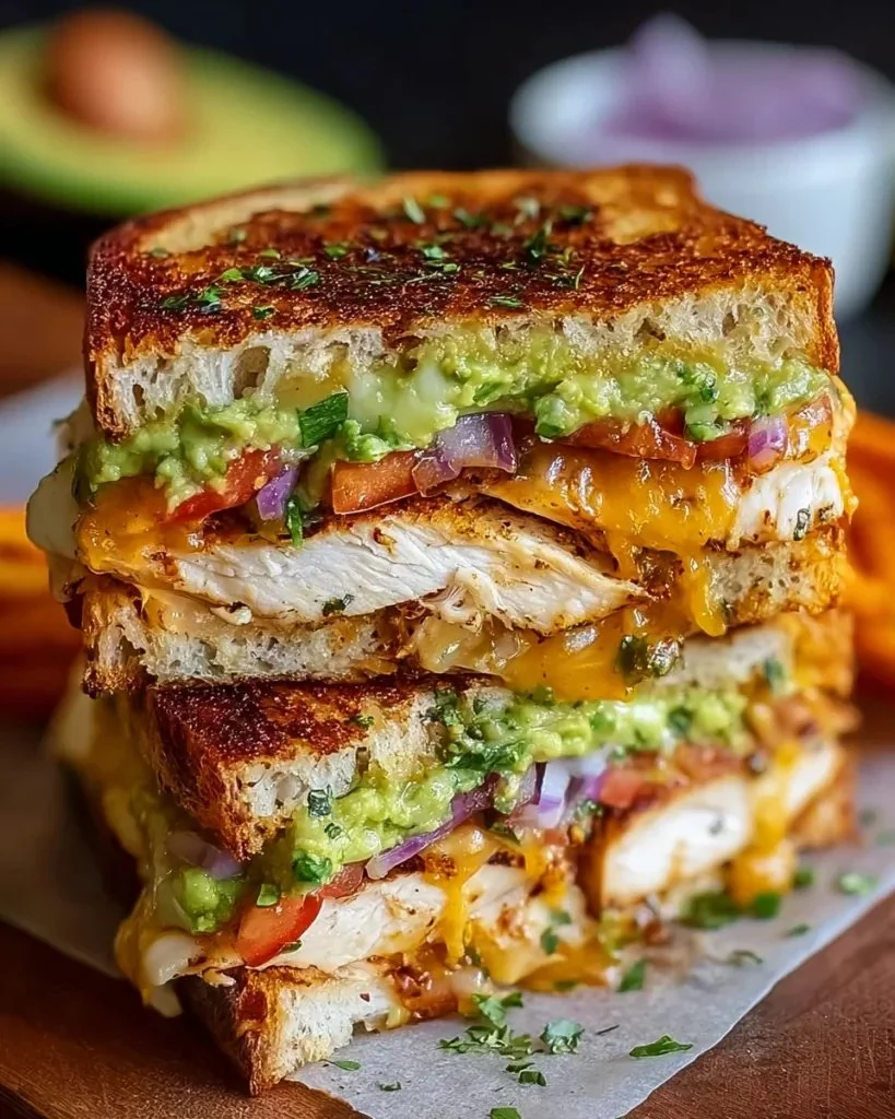 Delicious Chicken Avocado Melt Sandwich with chicken, avocado, and melted cheese