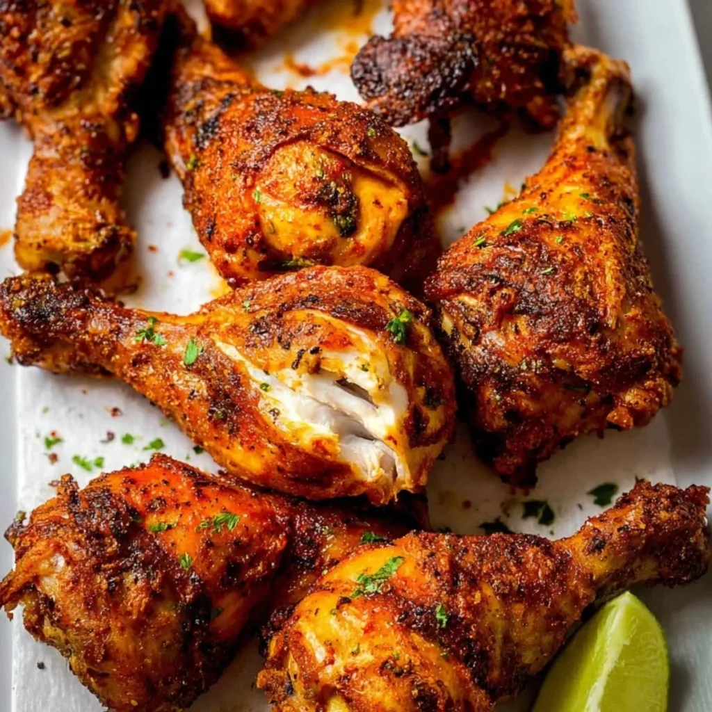 Crispy oven-baked chicken drumsticks garnished and served on a plate