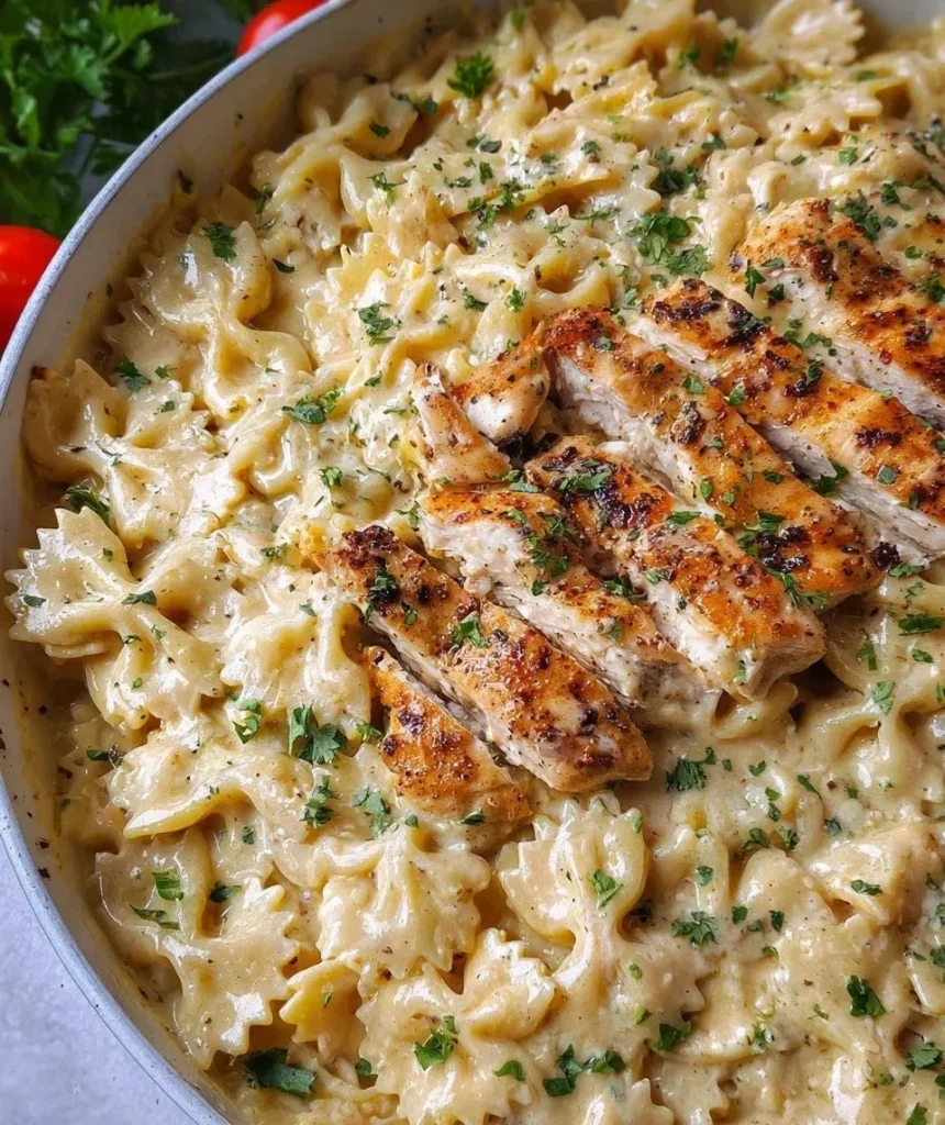 Creamy Chicken Garlic Parmesan Pasta served in a bowl with fresh parsley