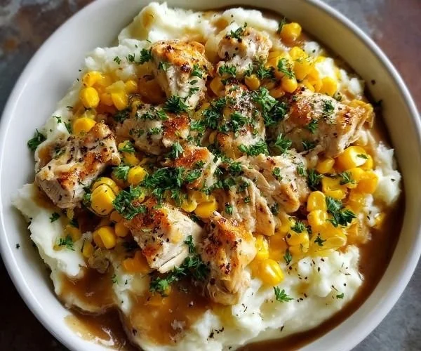 Delicious Chicken Mashed Potato Bowl with tender chicken and creamy mashed potatoes
