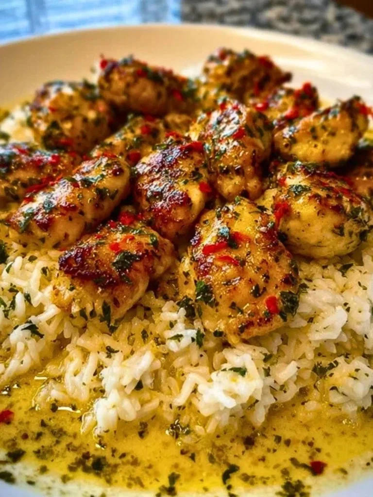 Delicious Chicken Scampi served with creamy garlic parmesan rice.
