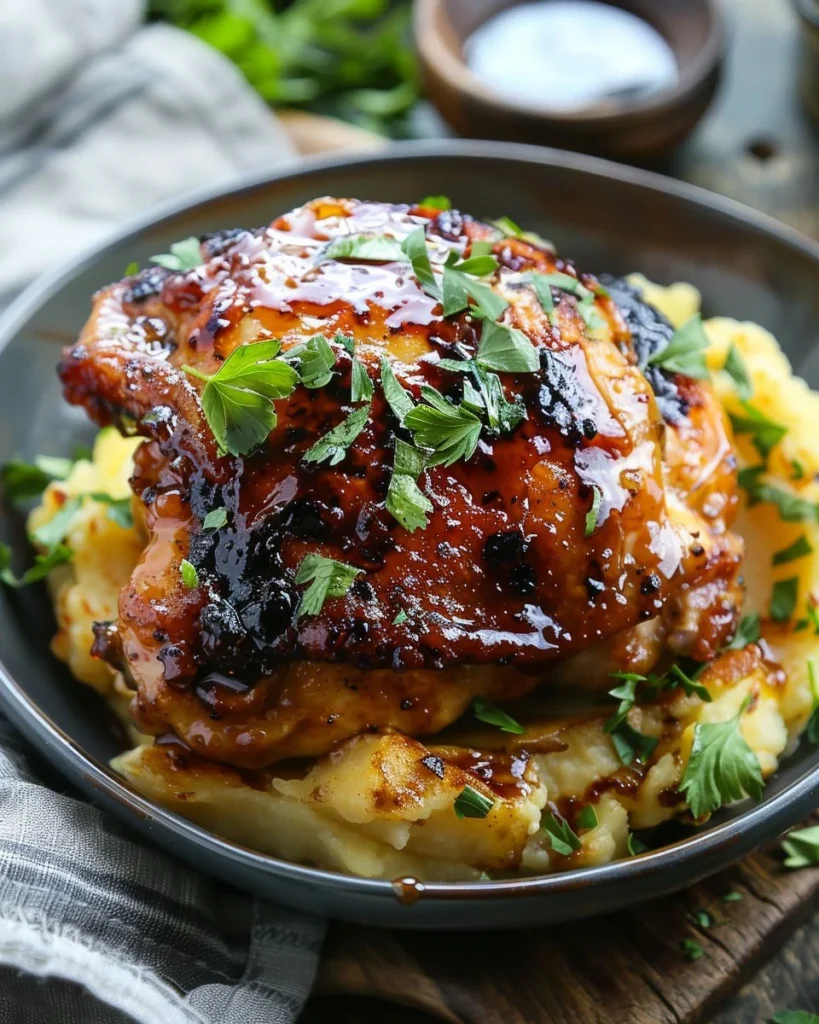 Delicious Chipotle Honey Chicken thighs served with smoked Gouda mashed potatoes