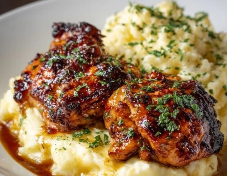 Delicious Chipotle Honey Chicken Thighs plated with Smoked Gouda Mashed Potatoes