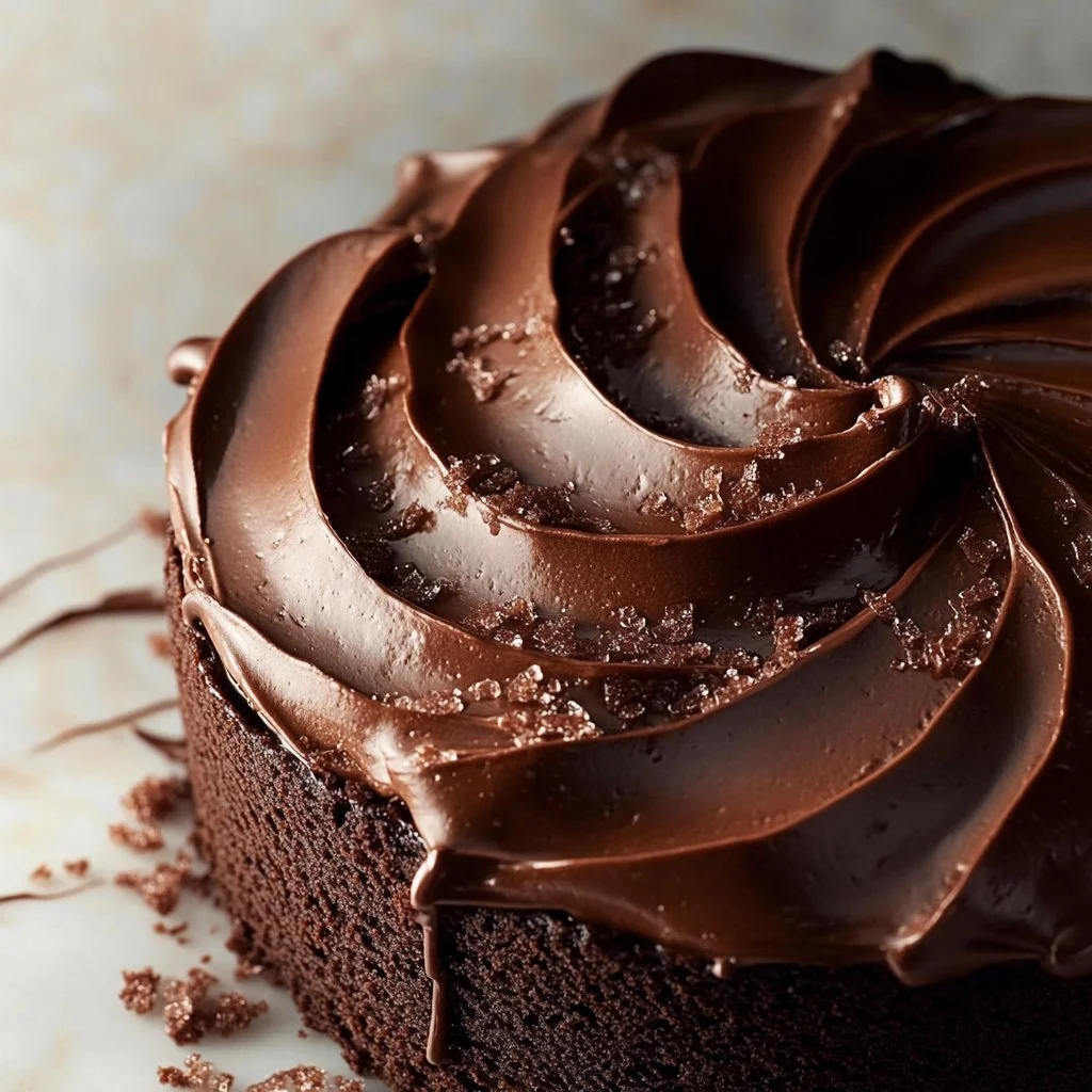 Delicious chocolate fudge cake served on a plate with chocolate drizzle.