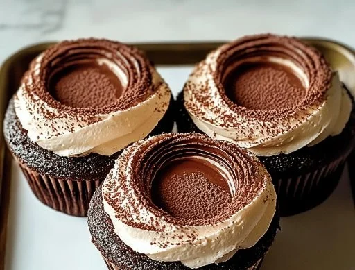 Chocolate tiramisu cupcakes topped with cocoa powder and chocolate shavings