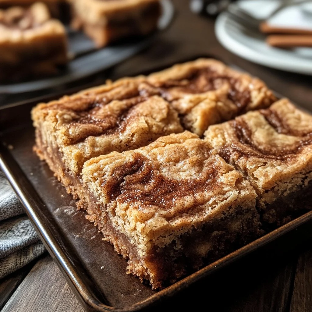 Cinnamon swirl snickerdoodle blondies with a sprinkle of cinnamon on top.