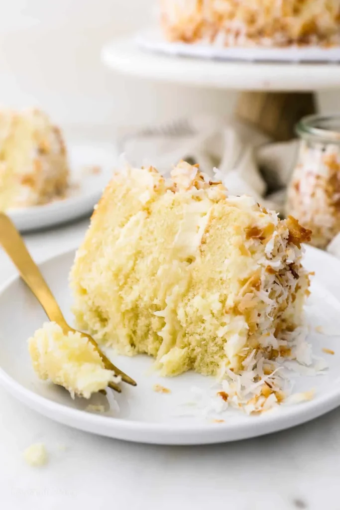 Delicious coconut cake with tropical toppings and garnishes