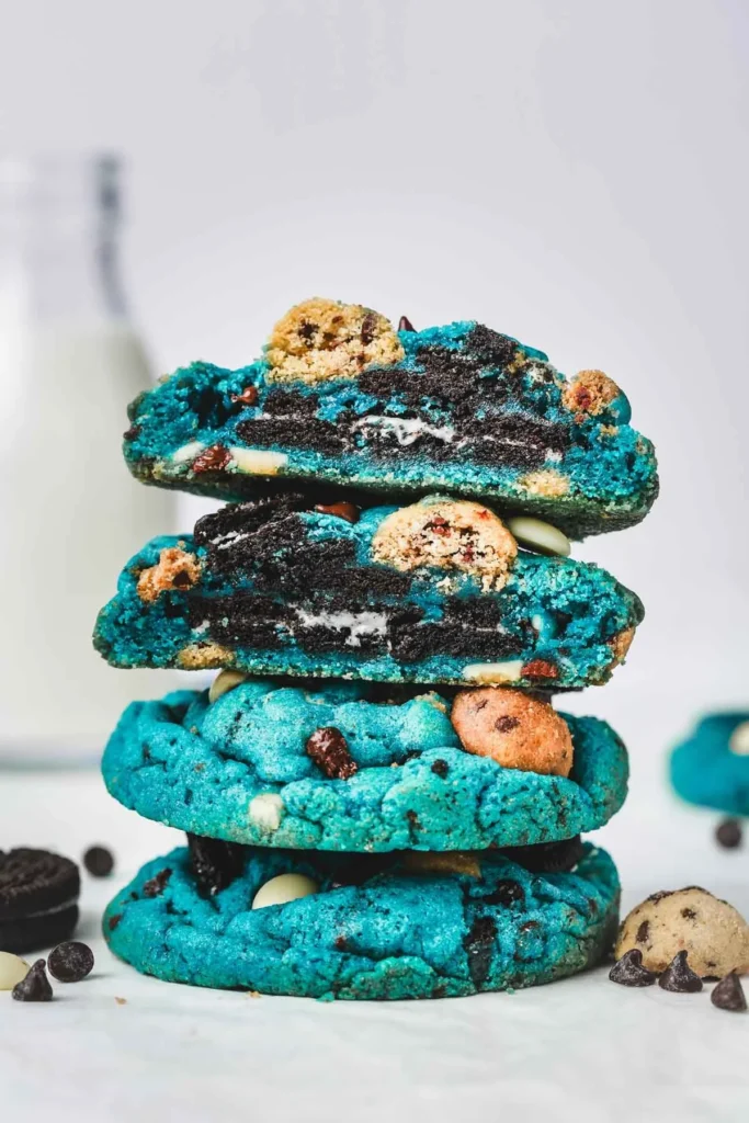 Close-up of colorful Cookie Monster Cookies with blue frosting and chocolate chips