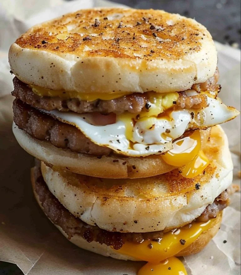 Homemade Sausage McMuffin with egg and cheese on a plate