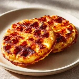 Delicious cottage cheese chaffles served on a plate with toppings