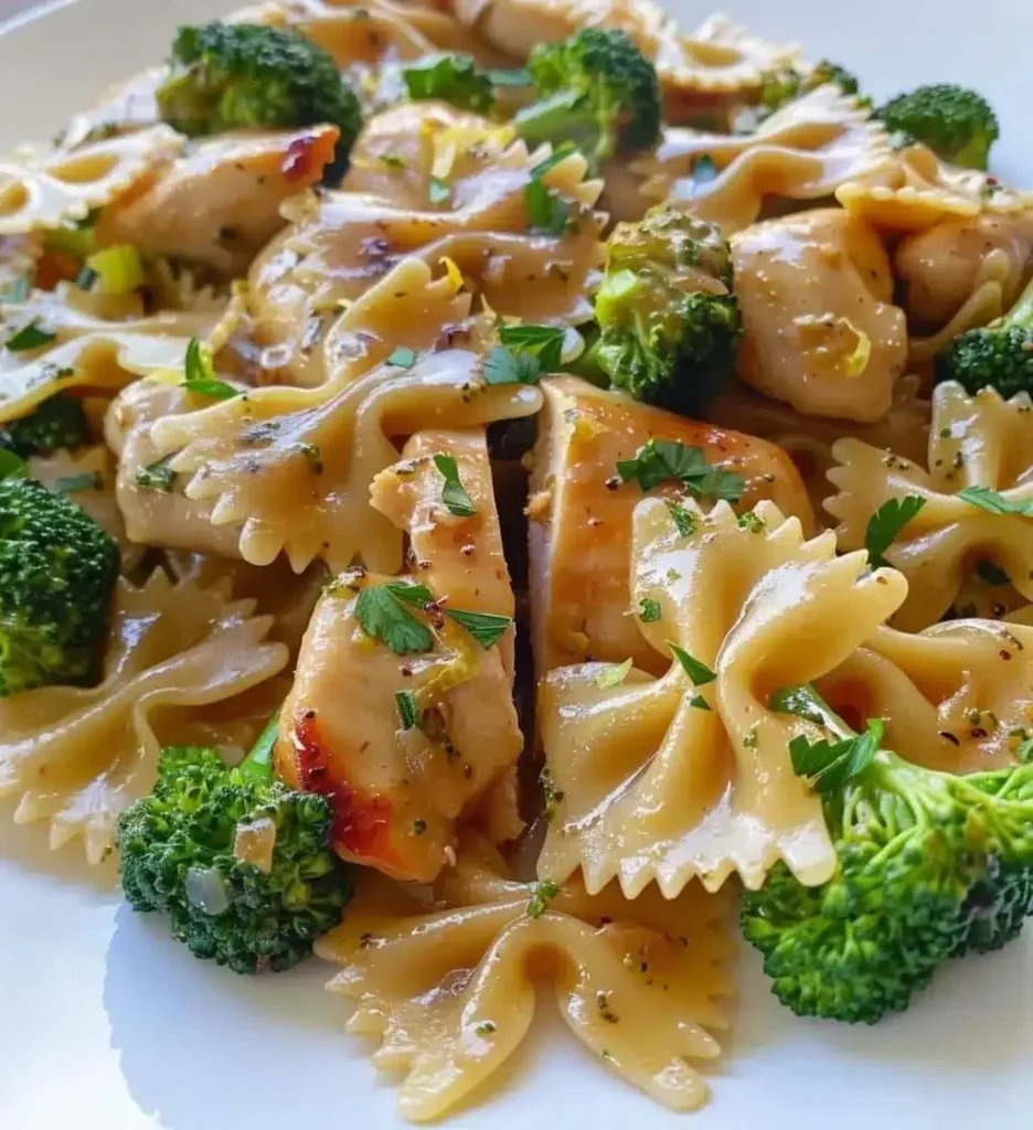 Delicious Cowboy Butter Lemon Bowtie Chicken with Broccoli on a plate