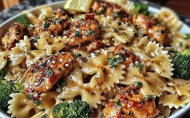 Cowboy Butter Lemon Bowtie Chicken with Broccoli dish served in a bowl