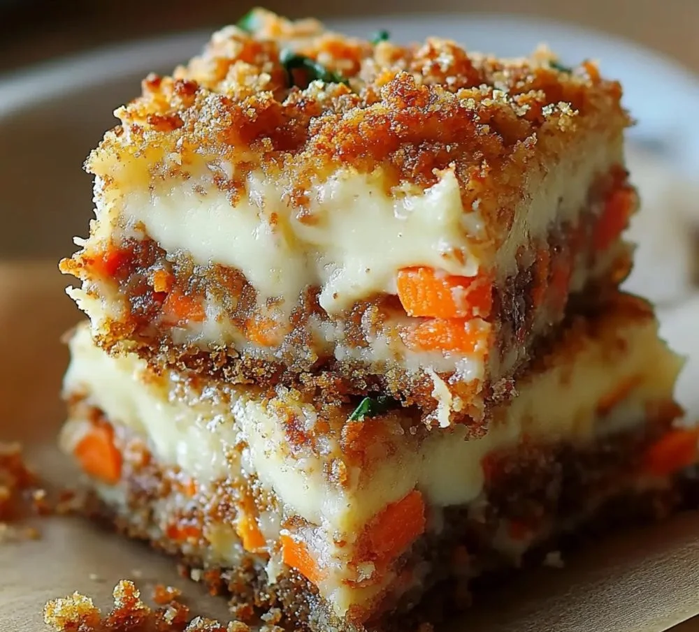 Delicious cream cheese bars inspired by classic carrot cake, topped with creamy frosting.
