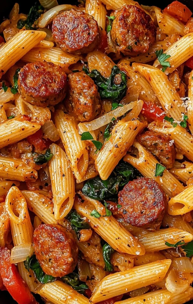 Creamy Cajun Sausage Pasta served in a bowl with herbs and spices