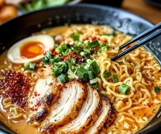 Delicious creamy garlic chicken ramen with fresh herbs and toppings