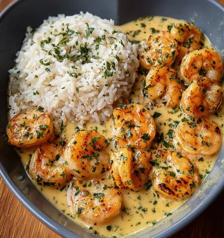 Creamy garlic shrimp dish served with rice, garnished for an appetizing look.
