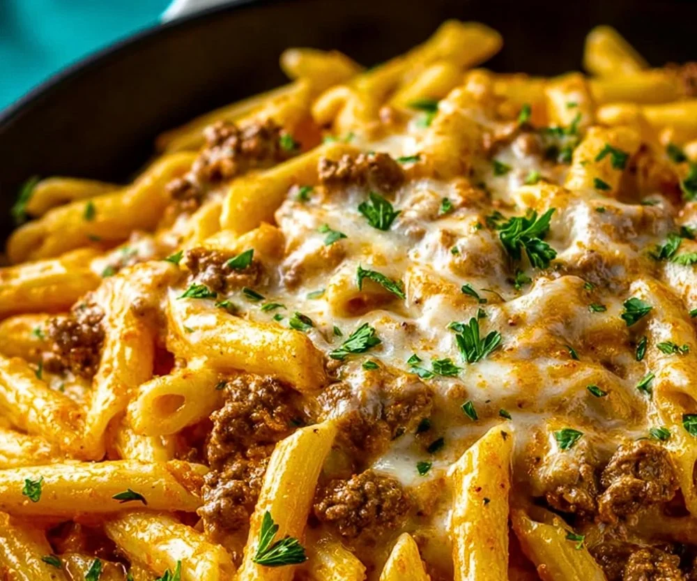 Delicious creamy high protein beef pasta served in a bowl