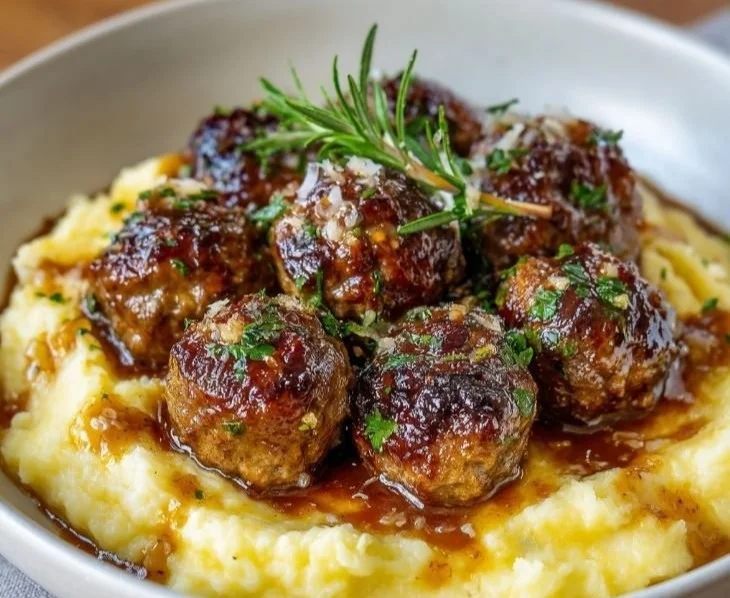Creamy mushroom chicken meatballs served with sauce on a plate